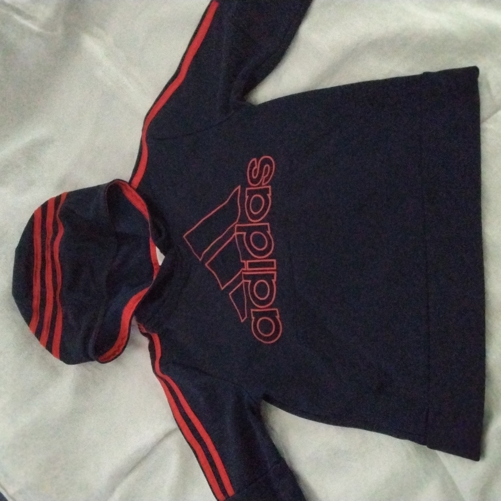 Boys Adidas Sweatshirt Hoodie, navy with red detail, size 8